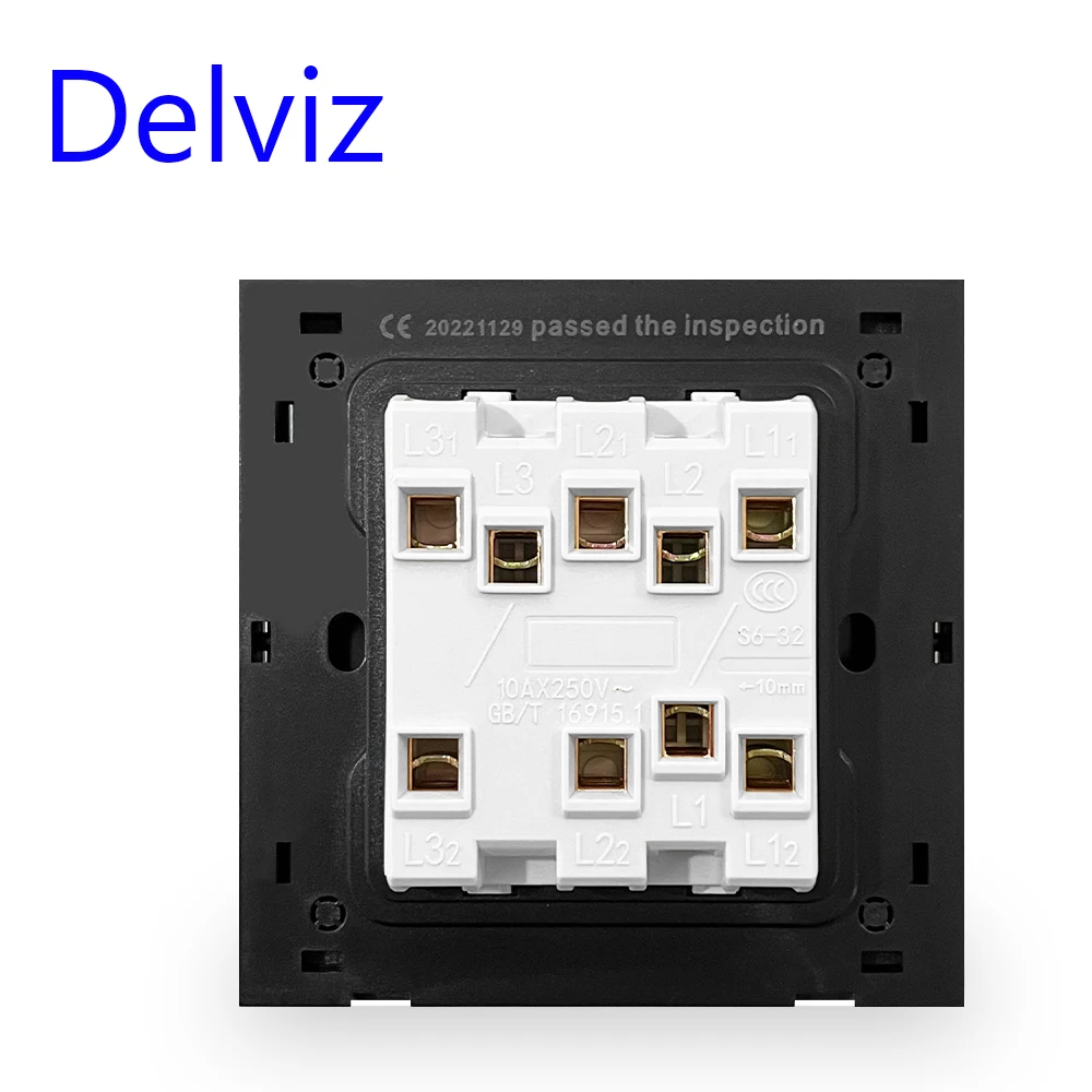 Delviz EU standard 16A Wall lamp switch, Tempered crystal glass Panel, AC 110V~250V, 3 Gangs 2 Way Push Button UK Power Switch