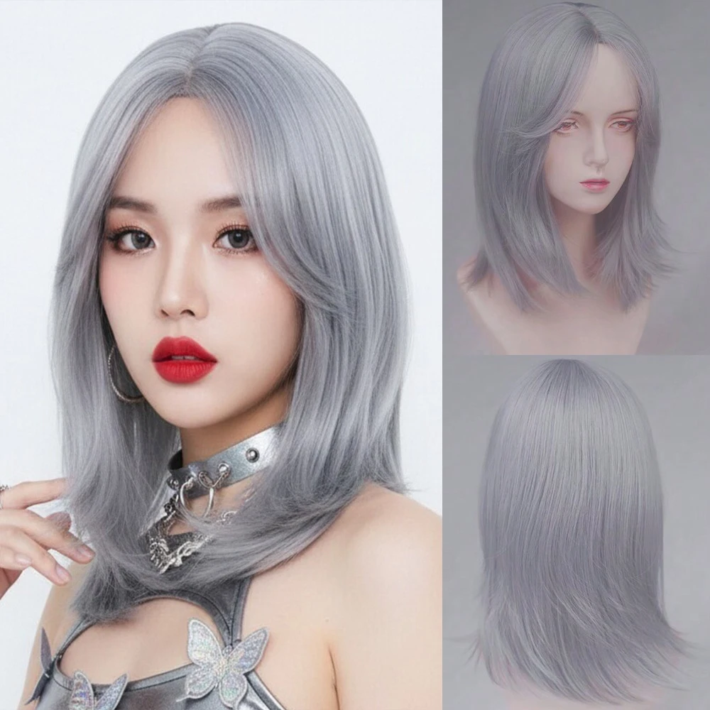 

Мужской синтетический короткий сине-серый прямой парик с челкой для женщин, повседневный косплей, аниме, вечерние накладные волосы, термостойкие