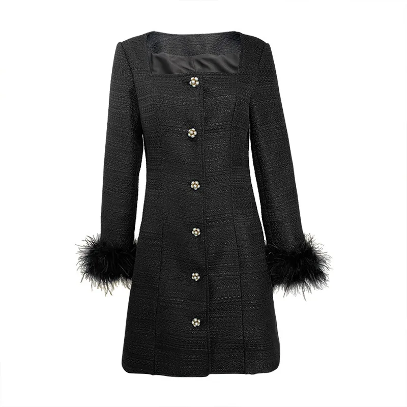 Brand Design Black Coarse Woolen Beaded Diamonds Ostrich Feather Long Sleeve Short Tweed Dress Women Autumn Prom Evening Dresses