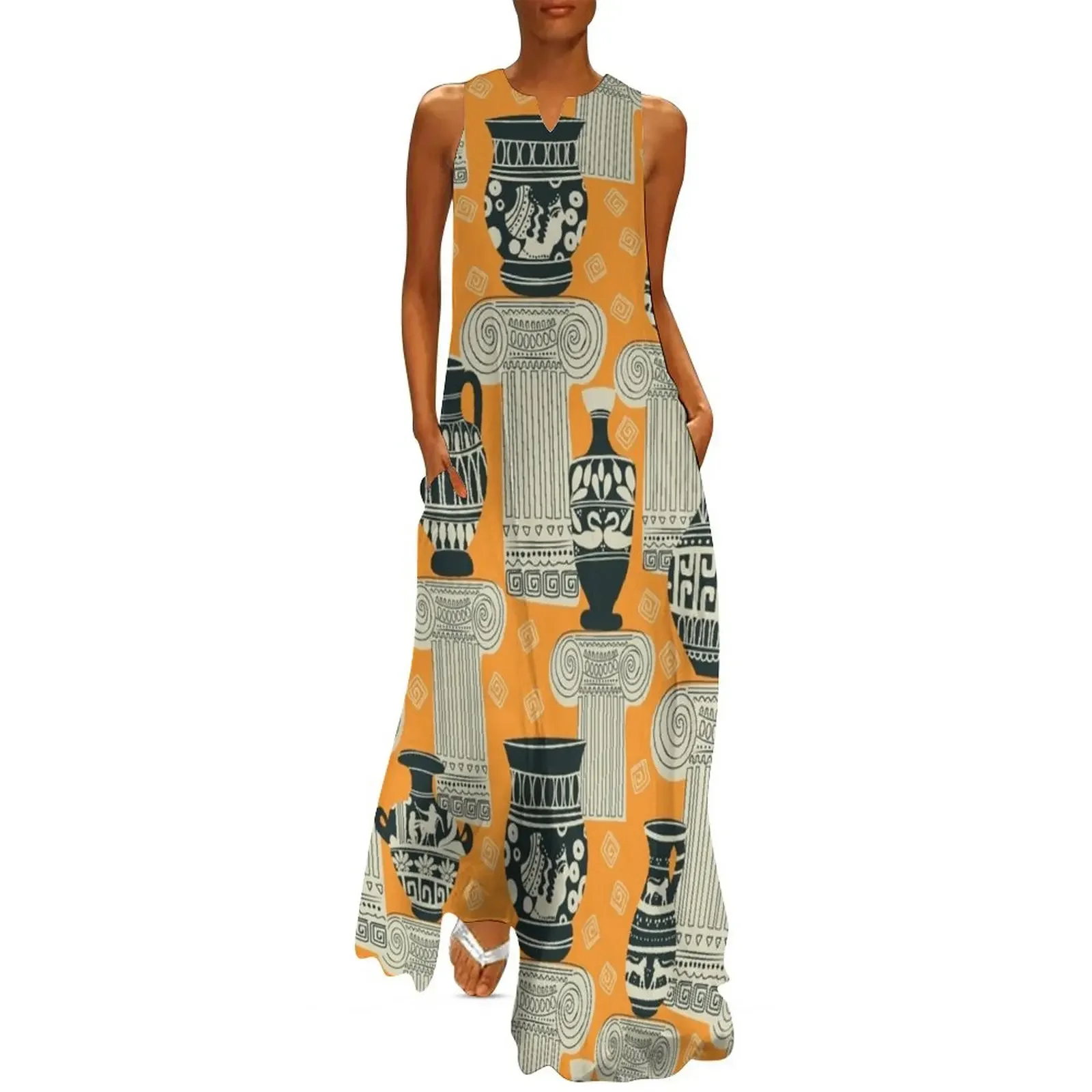 

Ancient Greek Pottery orange background Long Dress beach dresses luxury woman evening dress dresses for women Dress