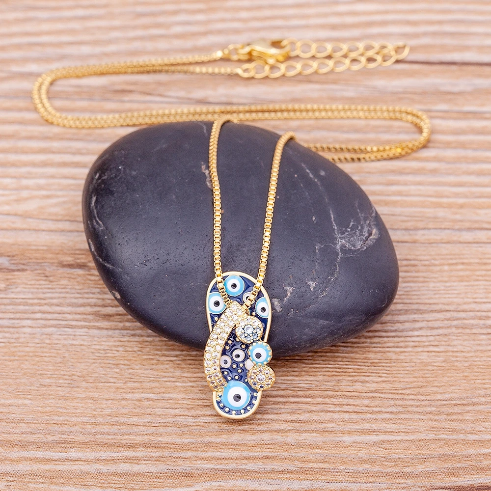 AIBEF New Trend Enamel Slipper Pendant For Women Blue Evil Eye Necklace Mirco Pave CZChain Gold Plated Party Summer Jewelry Gift