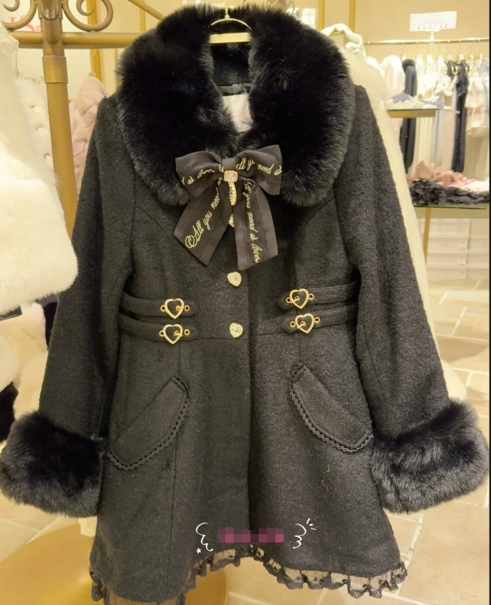 

New Autumn and Winter Women's Sweet Bow Fur Collar Slim Long Woolen Coat Lolita Girls Furry Plush Wool Jacket Overcoat