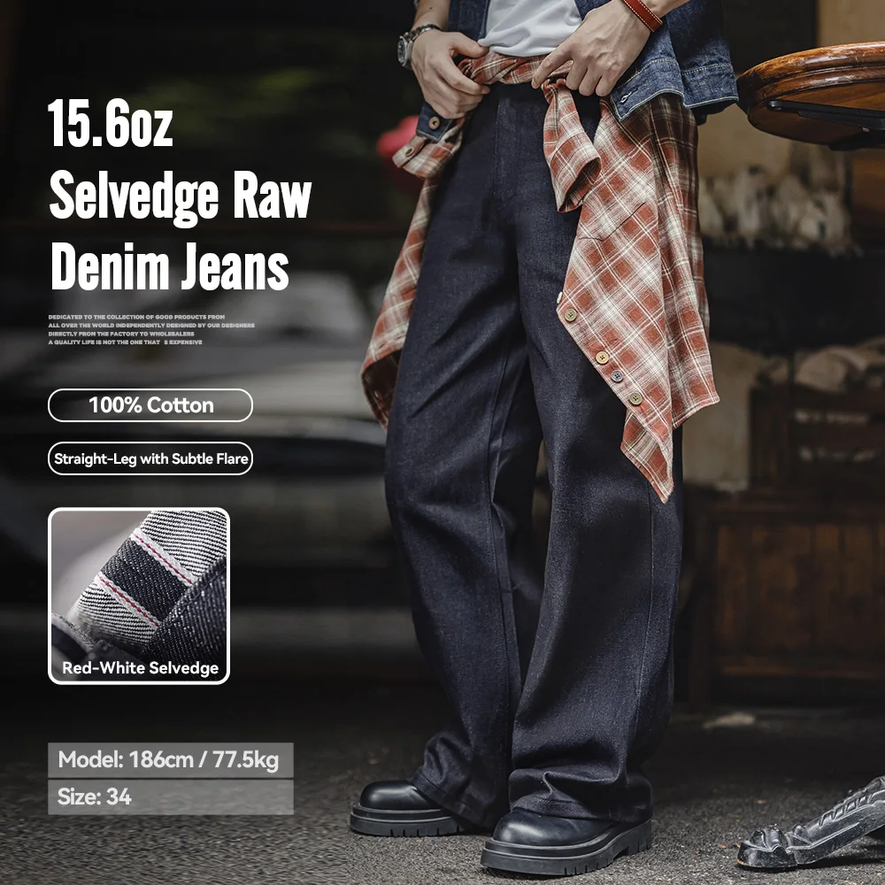 Maden Vintage 15.6oz Selvedge Raw Denim Jeans Heavyweight Blue Loose Fit Wide-Leg Jeans Zip Fly Cotton Trousers for Spring Fall