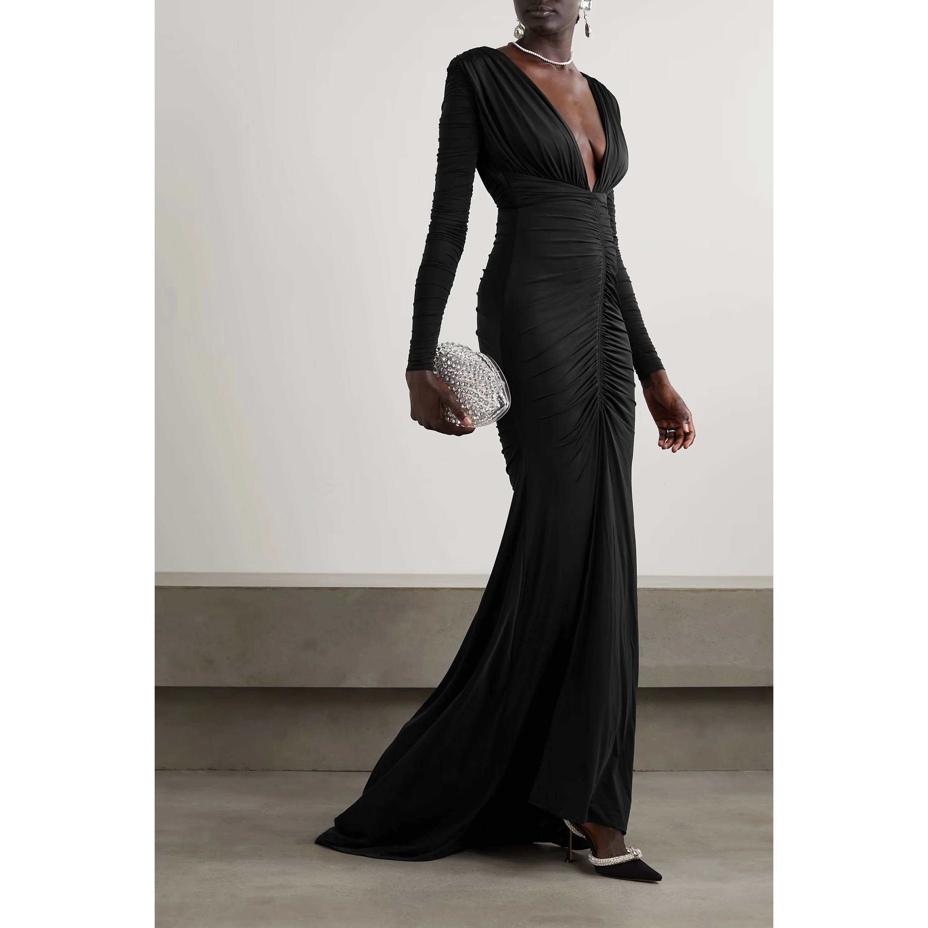 

Evening Dress New Fashion Women Black Color Deep V-Neck Sexy Dress Long Sleeve Party Club Event Slit Slim Maxi Dress Long Gown