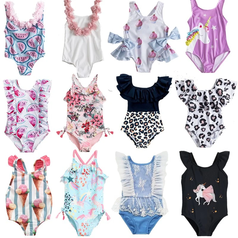 Summer One Piece Girls Swimsuits Baby Bow Ruffle Bathing Bikini Swimwear Toddler Girl Beach Holiday Clothes Kids Swimming Dress