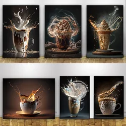 Cappuccino Espresso Coffee Latte Splash Posters Prints Canvas Painting Food Drink Cup Wall Art Picture for Cafe Kitchen Decor