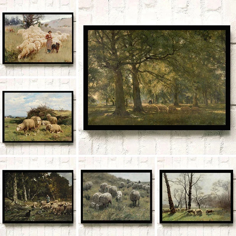 Vintage Rustic Pastoral Poster Sheep Goat and Lamb in The Pasture Canvas Painting Farmhouse Shepherd Wall Art Picture Home Decor