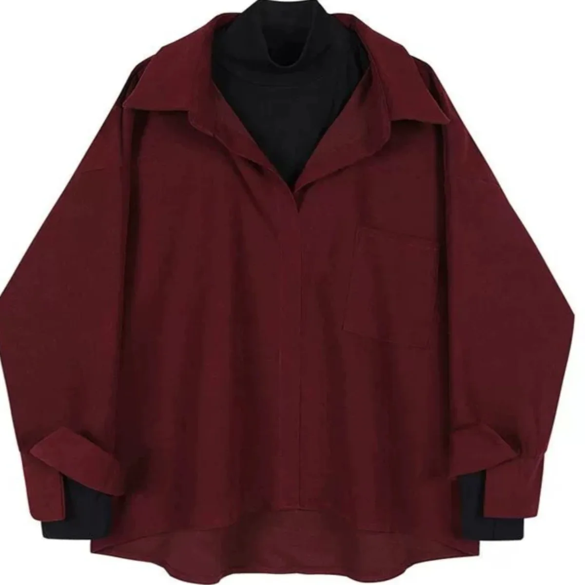 Autumn Winter plus Size 300 Pounds Retro Corduroy Wine Red Shirt Men's Design Sense False Two-Piece Turn-down Collar Top