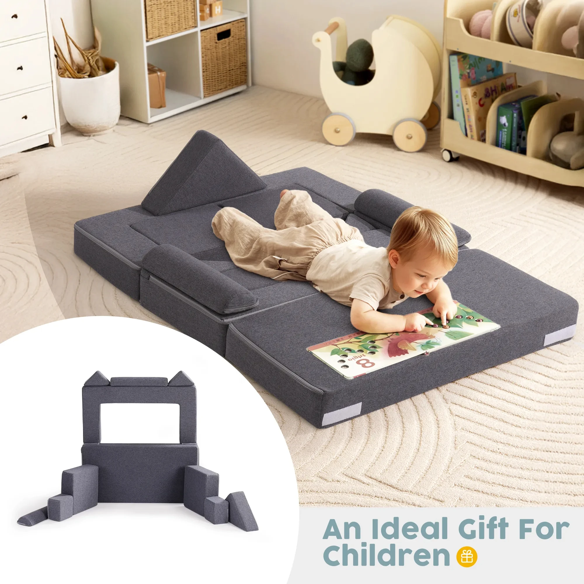 โซฟาเด็ก ROBUD สีเทา แบบโมดูลาร์ โซฟาเด็กเล่น DIY-Style ซักล้างได้ สำหรับห้องเล่น ห้องนอน ห้องเด็กอ่อน