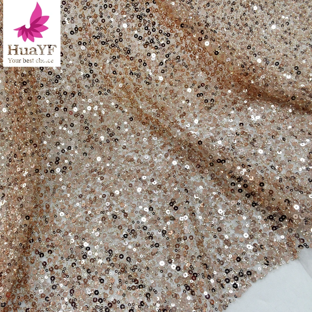 1 Yard Super Shiny Super Dense Rose Gold Beaded Crystal Sequins Simple French Wedding Bridal Lace Dress Fabric Design HY1445