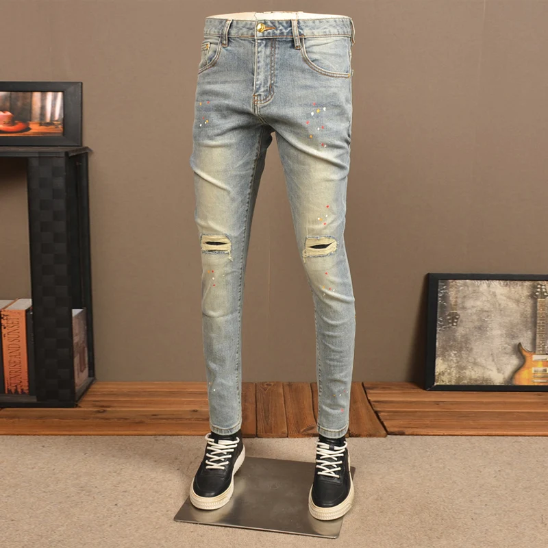 Moda uliczna Mężczyźni Jeans Retro Washed Stretch Skinny Fit Vintage Ripped Jeans Men Painted Designer Hip Hop Denim Pencil Pants