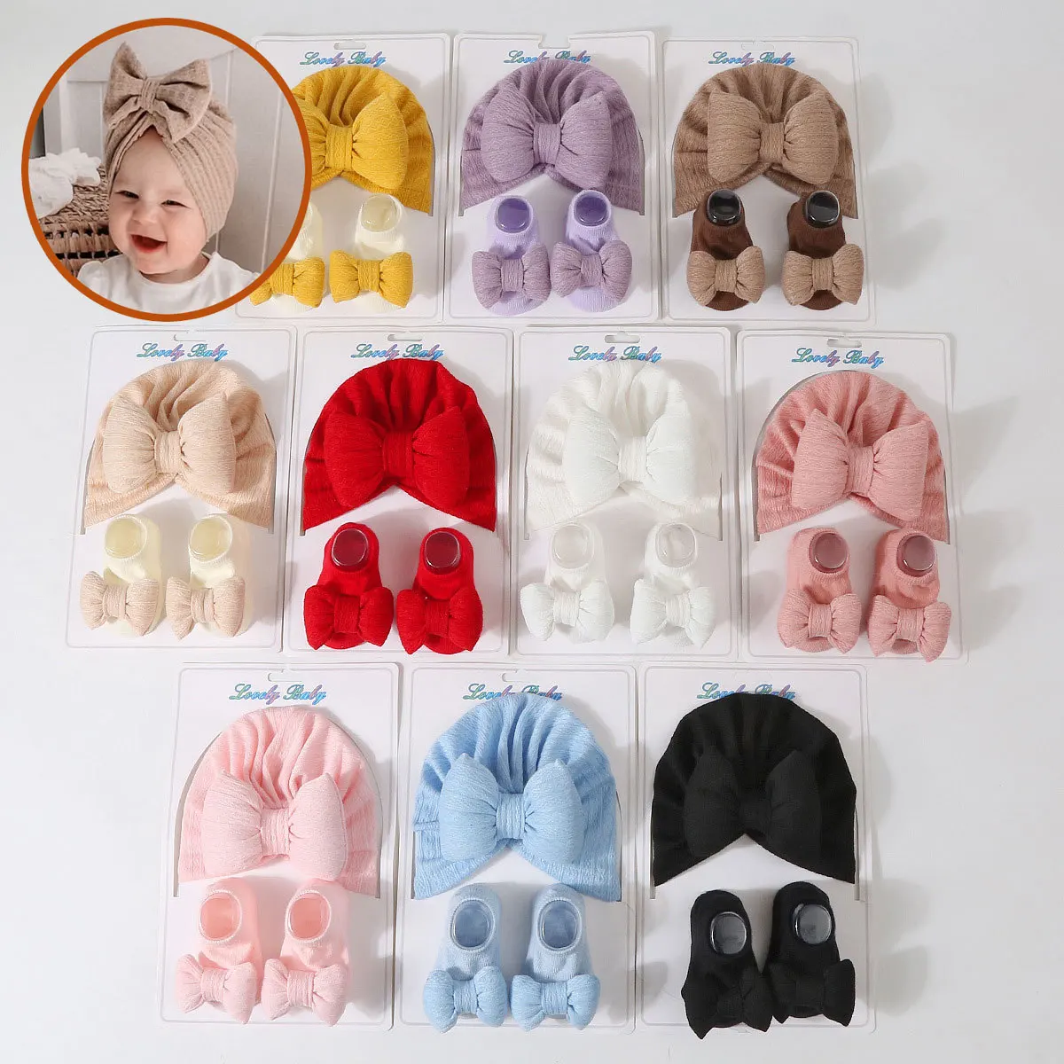 

Baby Girls Bow Cap Socks Set Baby Accessories Newborn Elastic Cotton Filled Turban Hat Short Tube Sock Infant Indian Caps