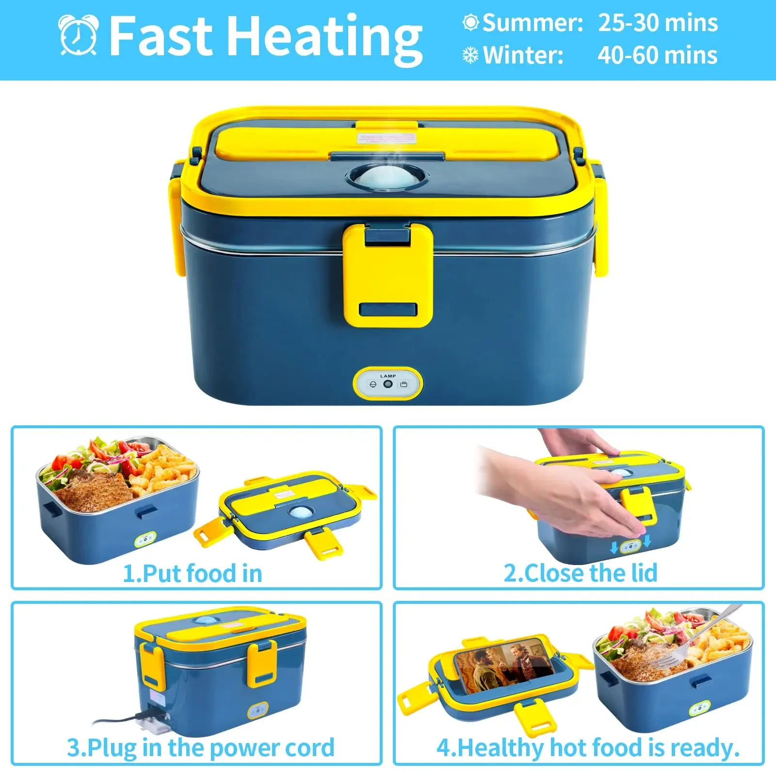 1.8-Litre Stainless Steel Electric Heating Lunch Box 12V 24V Car US EU Plug School Picnic Portable Food Warmer Container Heater