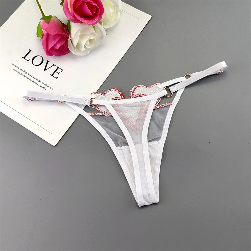 3 ks/sada roztomilé cosplay sexy spodní prádlo dámské průsvitné krajkové tanga spodní prádlo s nízkým pasem a nastavitelným popruhem ve tvaru srdce - náhled 5
