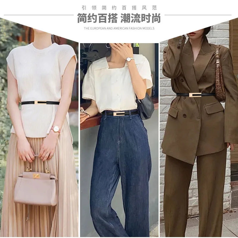 Simple Women Genuine Leather Belt Vintage Female Thin Waistband Gold Metal Buckle Dress Coat Jeans Decor Waist belts