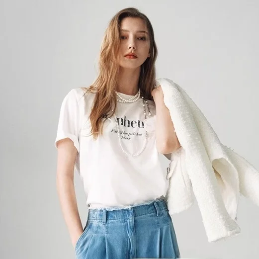 

00% Pure Cotton ort Sve T-irt round Ne Letter Embroidery Flower Commute Versatile Slimming Korean Sle Cotton Tee