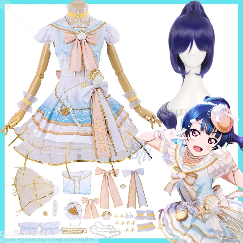 Matsuura Kanan Cosplay ¡Ama vive! ¡¡Sol!! Disfraz de Anime Seashell Lolita Kawaii, vestido de pastel, uniforme de ídolo, peluca con lazo, fiesta de Halloween