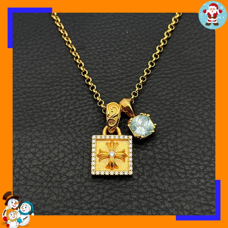 Premium Sense Gold Full Diamond Square Cross Flower Necklace Men's and Women's Cross Pendant Classic Personalized Niche Jewelry