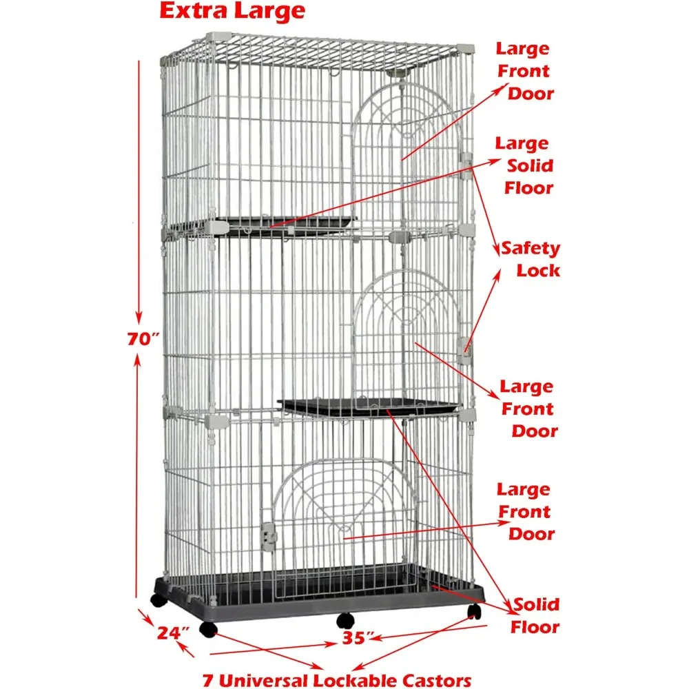 Extra Large Deluxe & Durable 3-Tiers Indoor Outdoor Wire Pet Cat Kitten Kitty Cage Condo Crate Kennels Playpen Shelves Enclosure