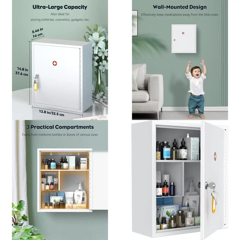 

Secure White Steel Wall-Mounted Medicine Cabinet with Lockable Storage for First Aid and Large Capacity Organization