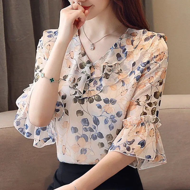 Elegant V-Neck Flare Sleeve Printed Ruffles Summer Chiffon Shirt Office Lady Pullovers Oversized Loose Women\'s Clothing Blouse