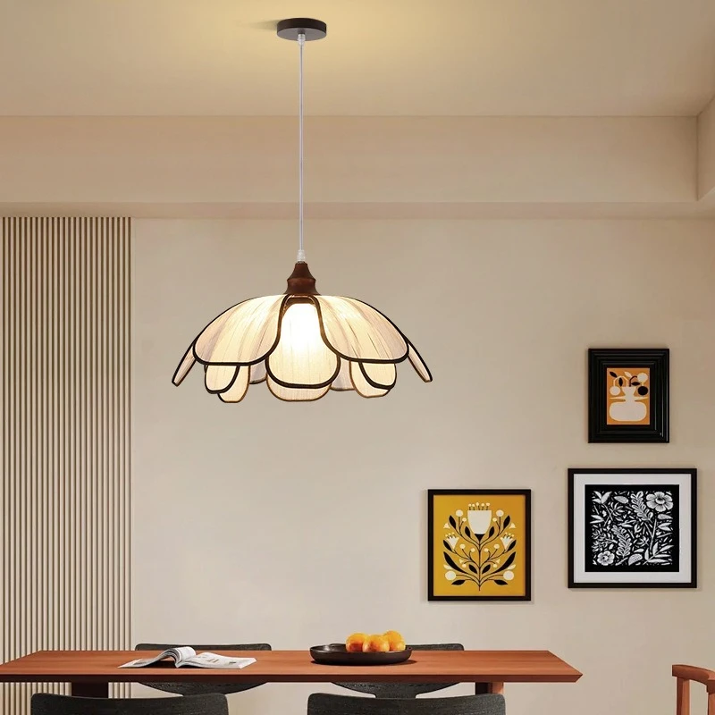 

Japanese White Printing Petal Fabric Ceiling Pendant Light Wooden Hanging Lamp Living Room Bedroom Restaurant Kitchen Chandelier