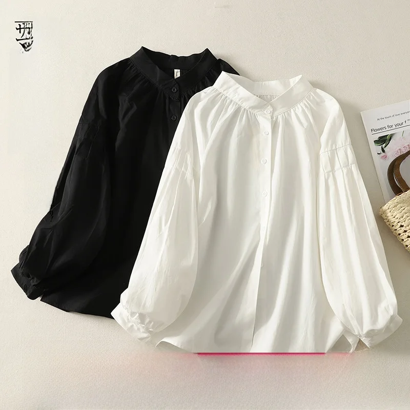 

Spring Autumn Loose Bubble Sve Pleated Doll irt Women's Open Cardigan Long Sve Small irt Button Cotton Blend irt