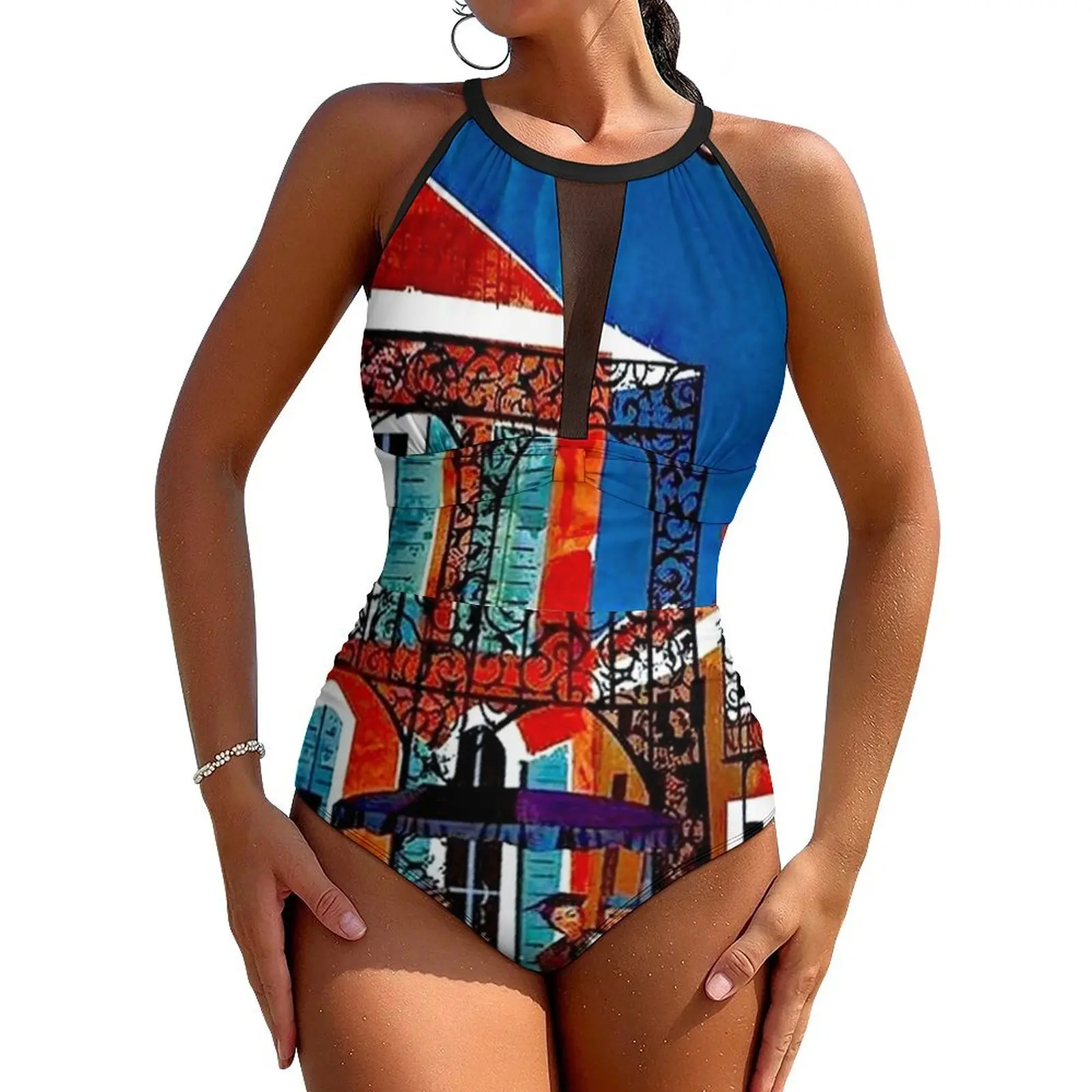 

Jazz Festivals Swimsuit Sexy New Orleans Print Woman Swimwear One-Piece Novelty Swimsuits Surfing Push Up Sleeveless Monokini