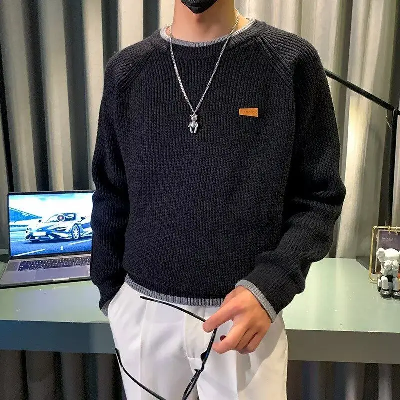 Sweater Rajut Pria Model Longgar, Pakaian Luar Musim Dingin Model Dua Lapis Palsu, Pakaian Santai Kasual, Pakaian Dalam, Ukuran Besar, Model Dua Lapis Palsu