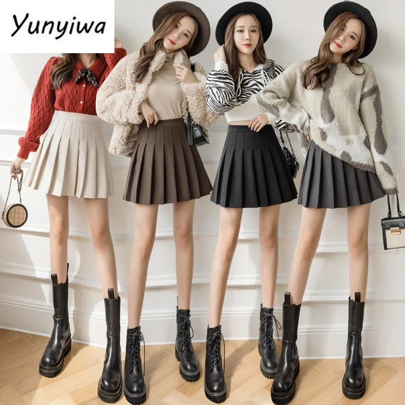 New Winter Woolen Skirt Women Solid High Waist Pleated Mini Skirts Vintage School A Line Falda Plisada Beige Grey Black Brown