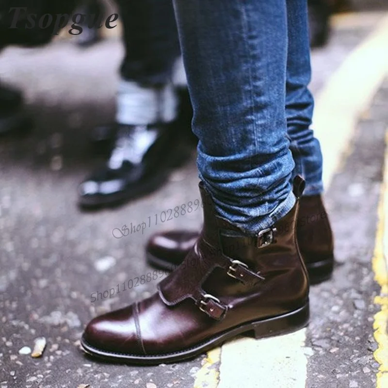 

Solid Leather Belt Buckle Decor Men Shoes Men's Ankle Boots High Quality Side Zipper Casual Party Shoes 2023 Zapatillas Mujer