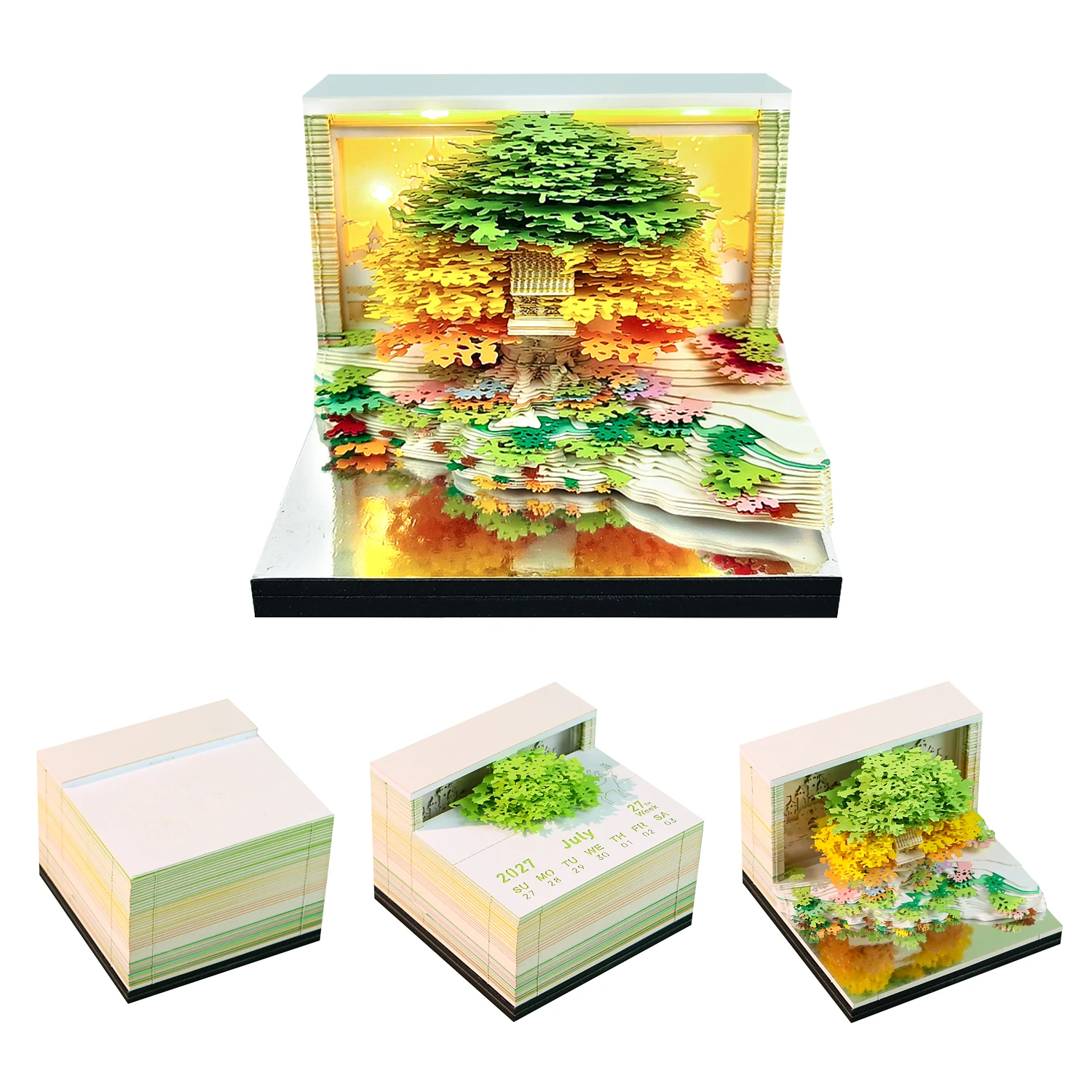 Magic Tree Island 3D Memo Pad Flower Sea Art Sculpture Paper Cube LED Light Aesthetic Desk Decor 2027/2026 Calendar Notes Block