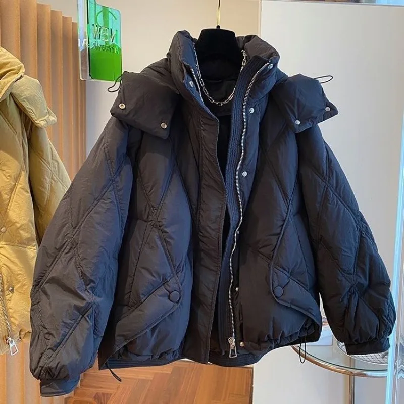 

Корейское винтажное пальто с капюшоном Argyle, женское осенне-зимнее модное свободное повседневное пальто, новинка 2025 года, утепленные теплые черные топы Mujer