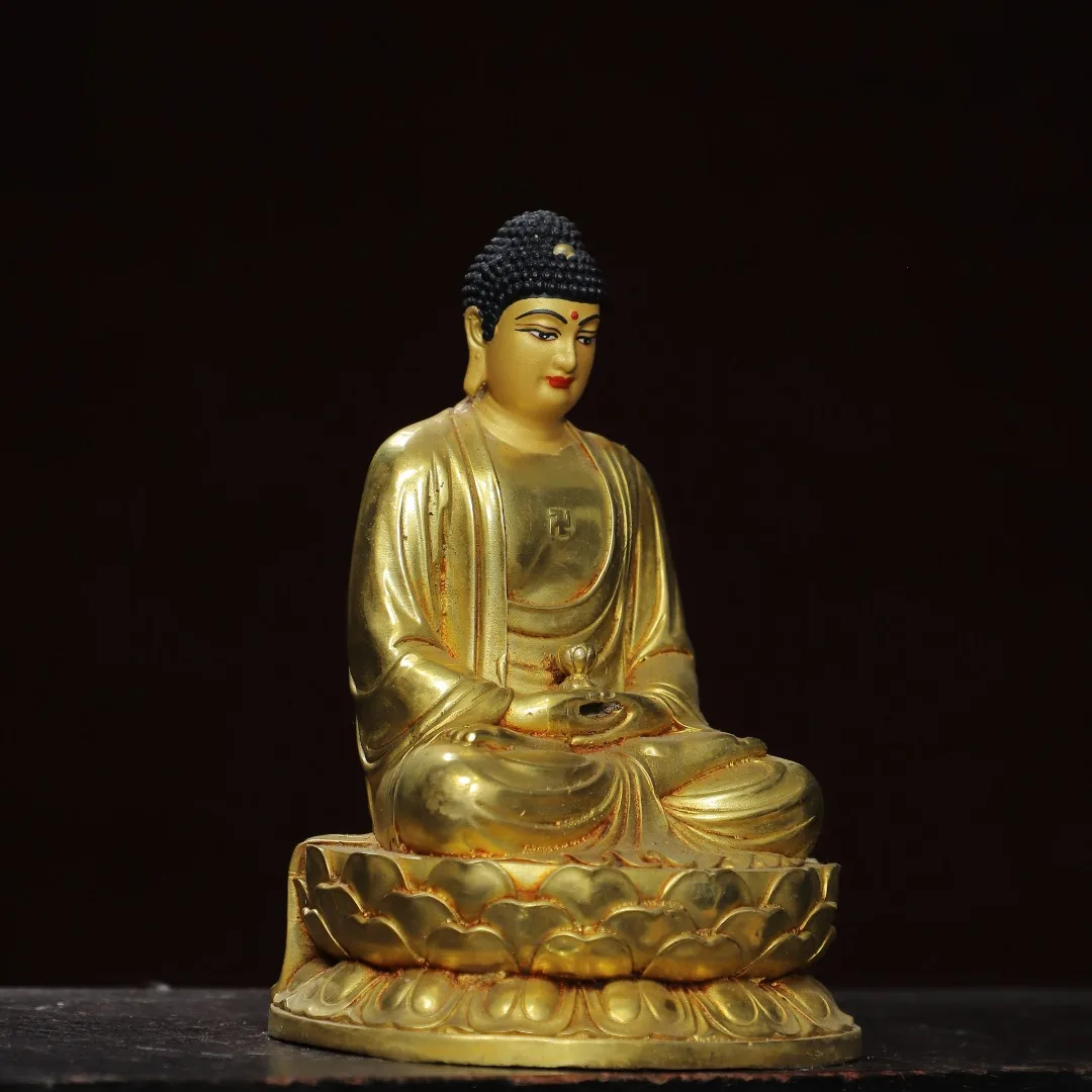 7"Tibetan Temple Collection Old Bronze Gilded Cinnabars Mosaic Gem Shakyamuni Buddha AmitabhaLotus Terrace Worship Hall