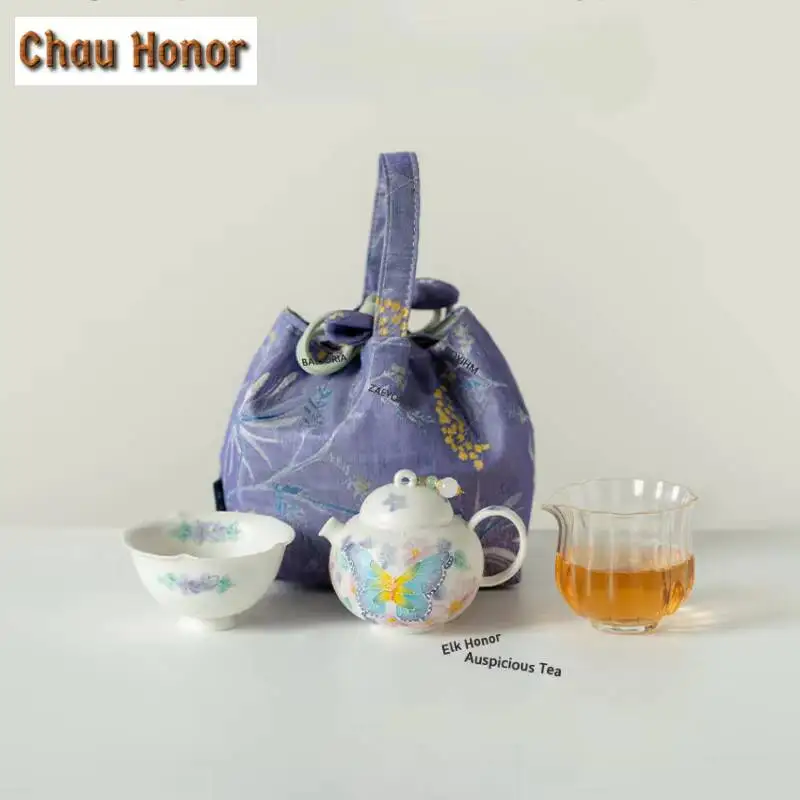 ZAEYORIA Hand-painted Colorful Butterflies Travel Tea Set Kit Creative 1 Pot 2 Cups Tea Maker Organizer Portable Outdoor Handbag