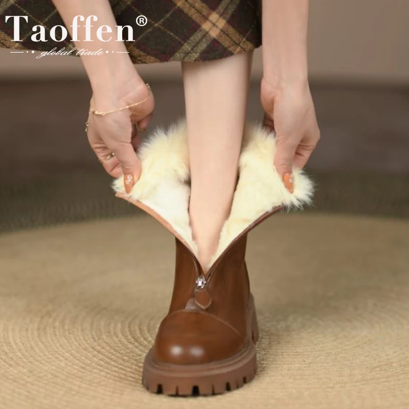 

Taoffen New Ladies Short Boots Thick Fur Real Leather Women Shoes For Winter Warm Fashion Ankle Boots Female Footwear Size 34-40