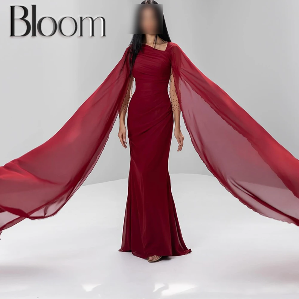 

Bloom Butterfly sleeves Sweep Train Pleats Solid Color Sequined square Neck Zipper Back MermaidElegant Luxury Evening Dress