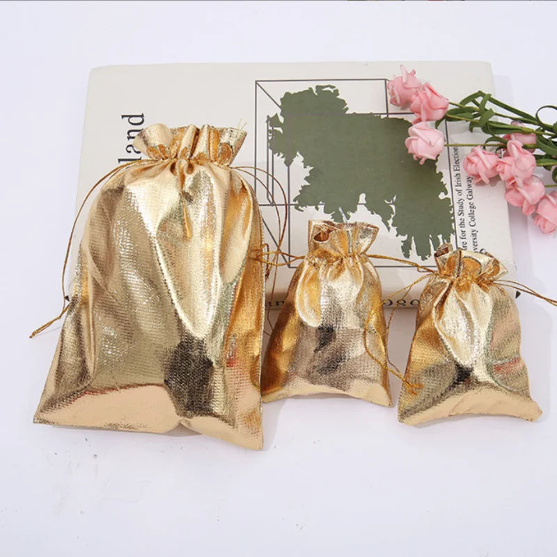 50pcs/lot Gold and Silver Cloth Bags with Drawstring Openings Jewelry Packaging Bags Drawstring Gifts  Wedding Candy Bags