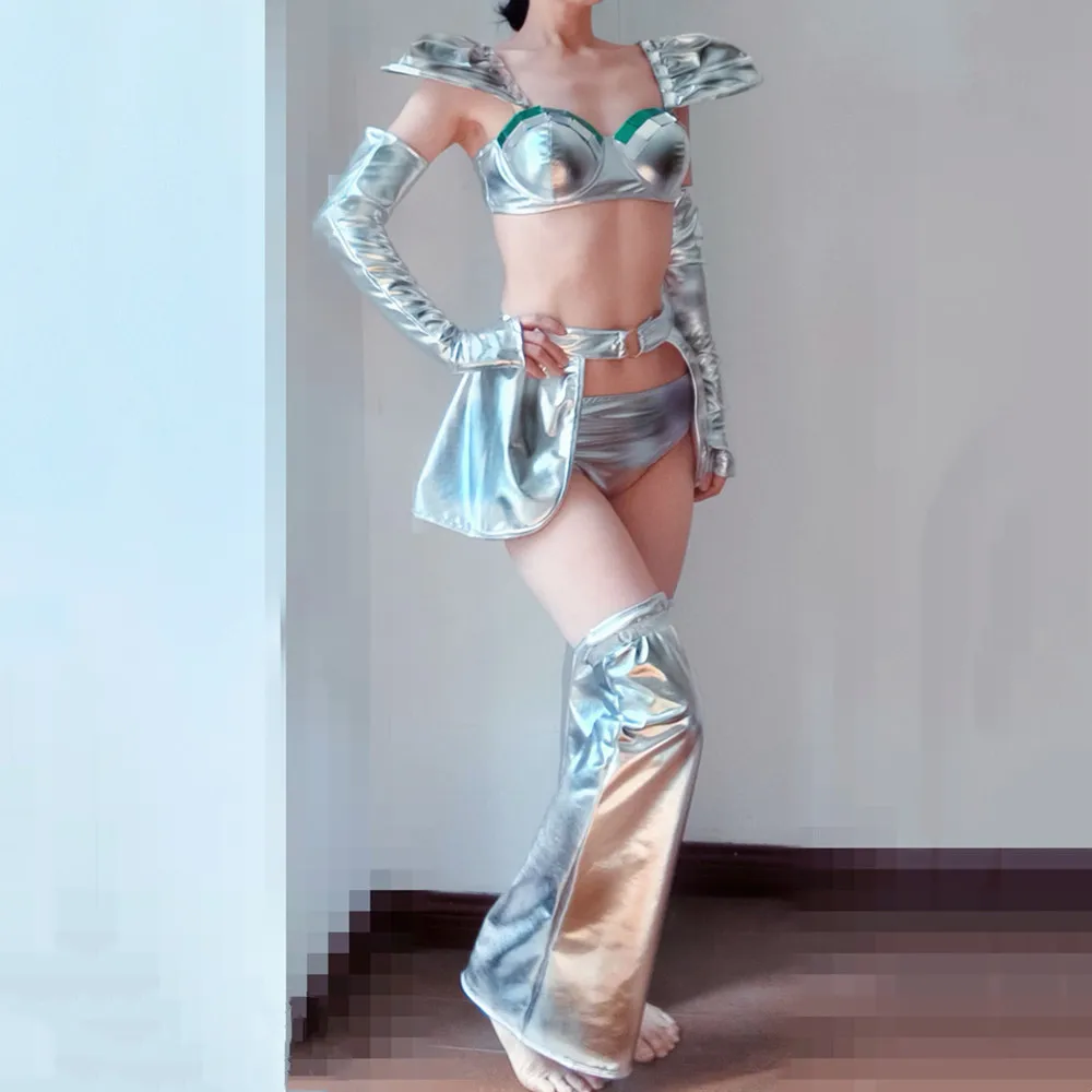 الفضة الليزر مرآة بيكيني تنورة صغيرة الرقص الزي مثير المرأة راقصة المغني ملهى ليلي مرحلة الأداء زي نادي حفلة الهذيان