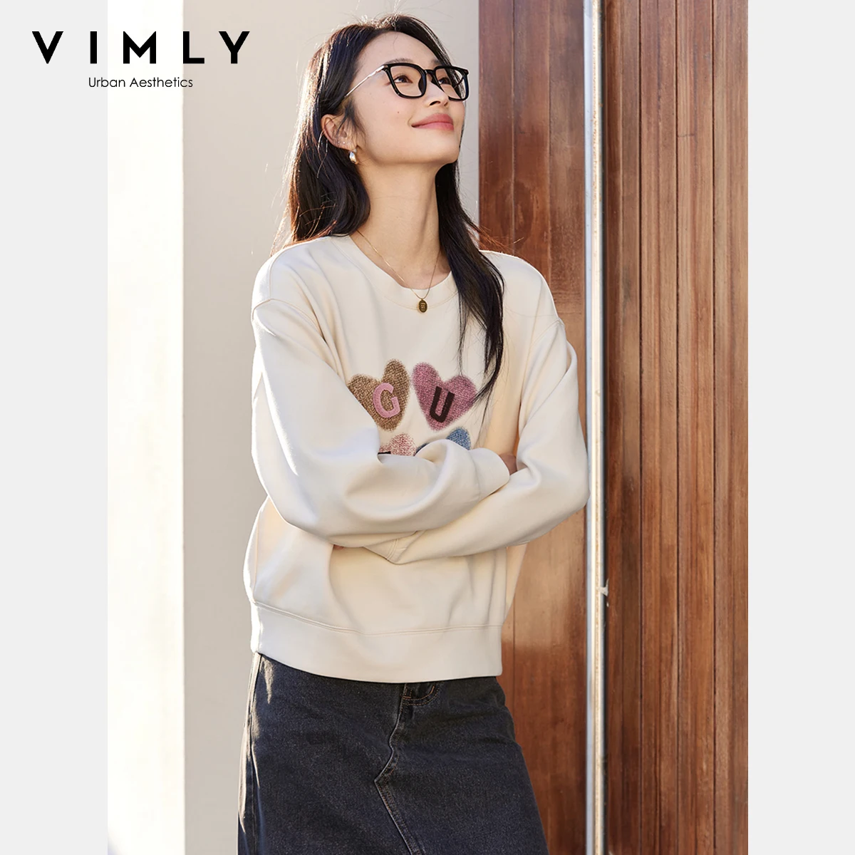 VIMLY Women's Graphic Sweatshirt 2025 Spring Autumn Letter Embroidered Loose Crew Neck Long Sleeve Top Woman Clothing A0399