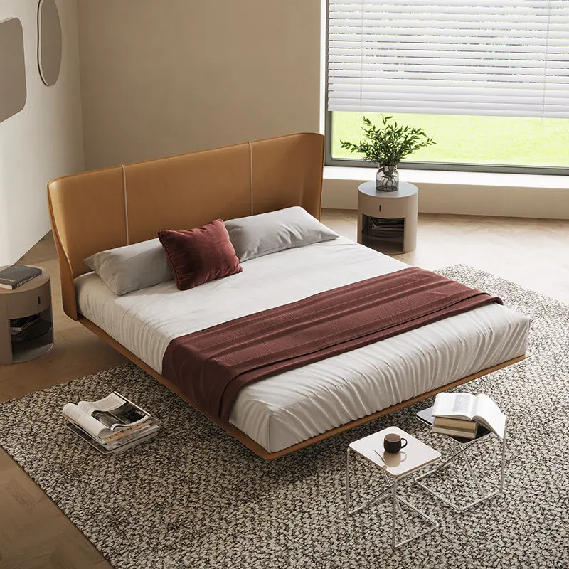 #% Bed Double Genuine Saddle Leather Luxury Italian Minimalist Steel Frame Master Bedroom Wedding Design High-End Suspension Bed