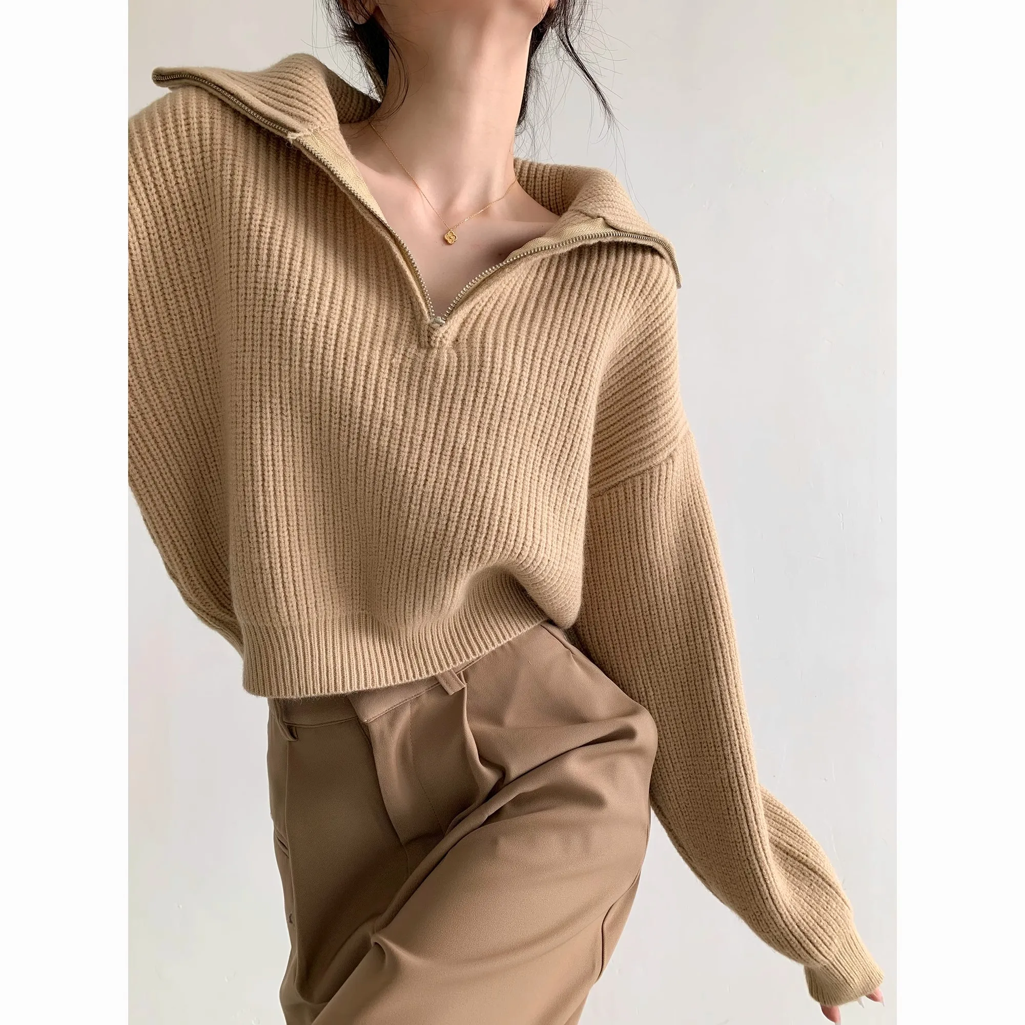 Fashion Thick Turtleneck Zipper Pullover Sweaters Women Loose Long Sleeve Female Solid Knitting Jumpers Autumn Winter