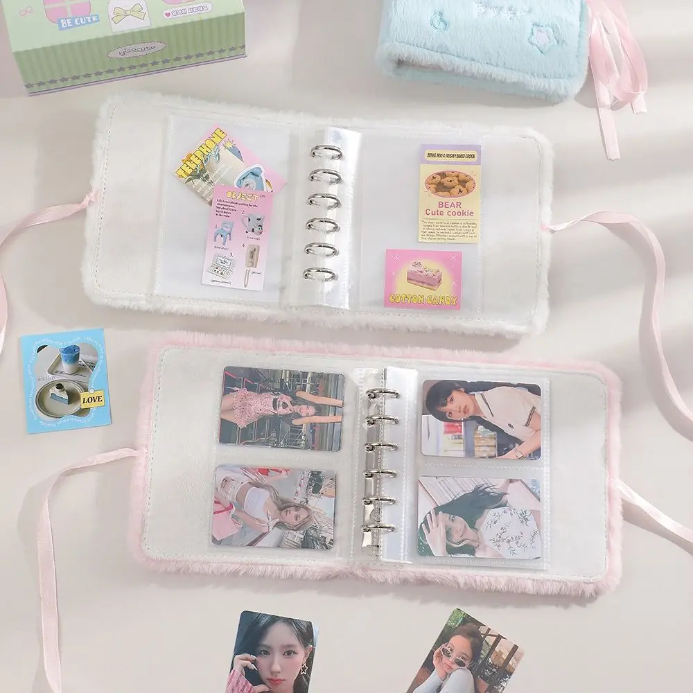 Plush 3in Plush Photocard Holder 2 Grids Fluffy Strap Ties Idol Photo Card Binder Kawaii Cartoon A7 Idol Photo Album