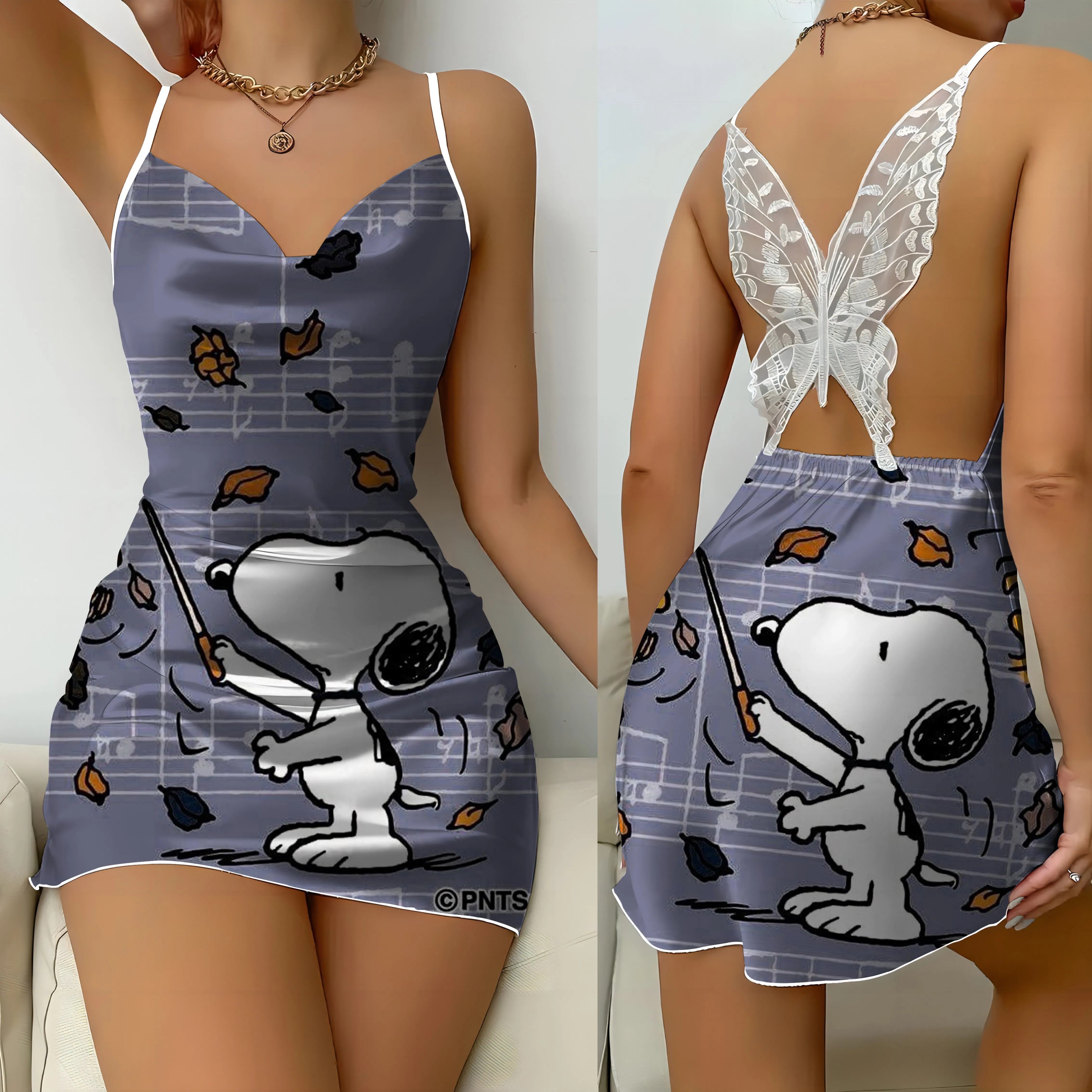 Vestido para Casa Snoopy Cetim Feminino, Saia de Pijama Nó Laço, Vestidos Sexy, Mini Superfície, Moda Kawaii, Tendência Verão, 2022