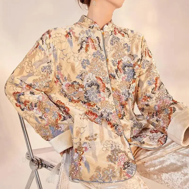 Chinese Style Tang Clothes Sequin Embroidery Hanfu Vintage Mandarin Collar Jacket Lady Elegant Tops Autumn Spring Outwear