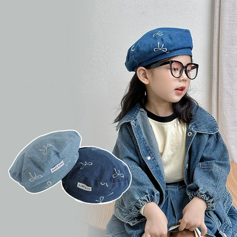 Kids Baby Cowboy Beret Hat Bow Letter Label Autumn Winter Kids Hats for Girls Accessories Fashion Children Cap