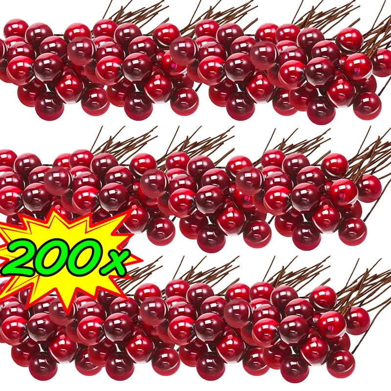 

200/10Pcs Mini Artificial Flower Berries DIY Floral Wreath Ornament Fake Berry Cherry Stamen Christmas New Year Party Home Decor
