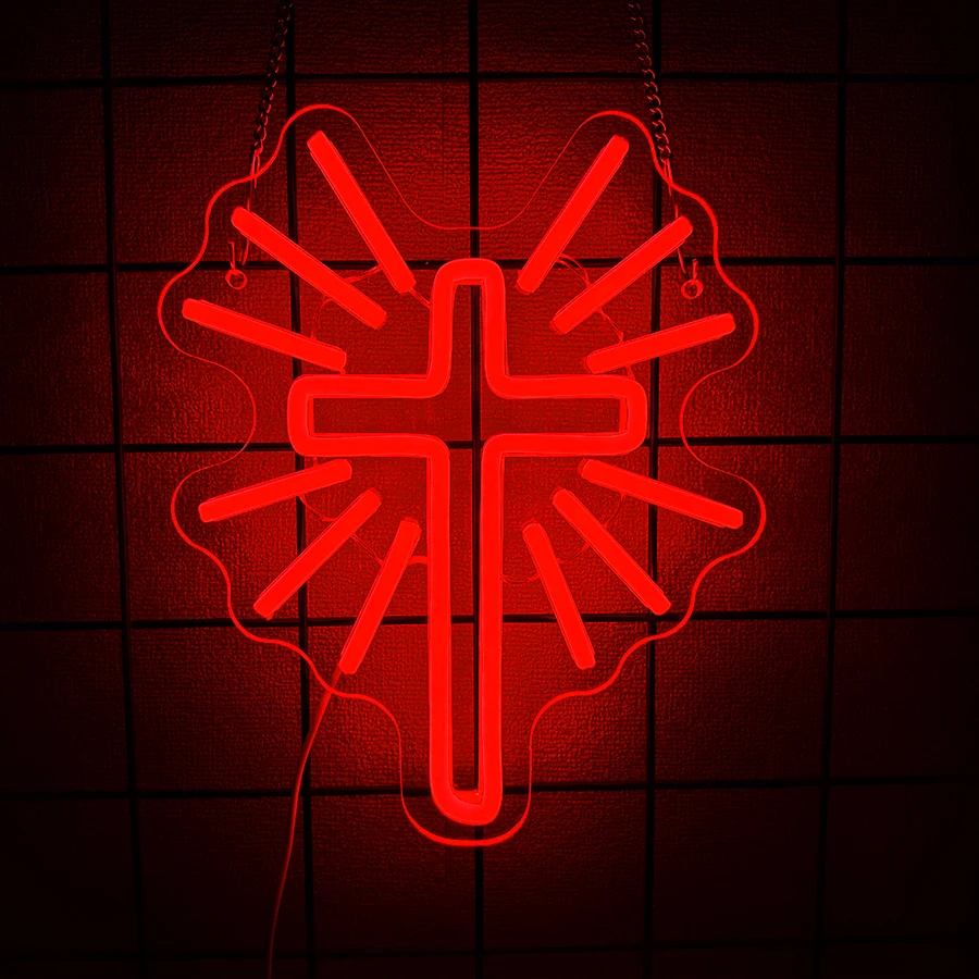 Red Radiant Cross Neon Sign, USB Powered LED Neon Wall Light, Holy Cross Neon Decor for Prayer Room Bedroom Church Home