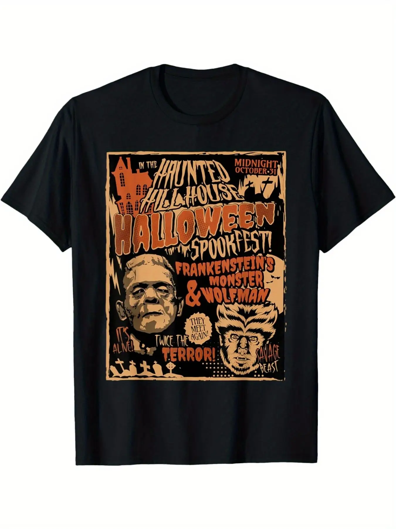 

Мужская винтажная футболка на Хэллоуин с принтом Франкенштейна, Волкмена и монстров, с изображением летучих мышей и дома с привидениями