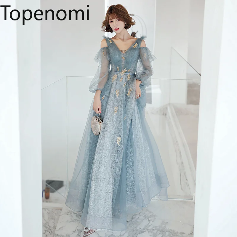 

Topenomi Fairy Mesh Long Sleeve Evening Dresses Women Elegant Appliques Waist A-line Long Birthday Prom Wedding Party Dress Gown